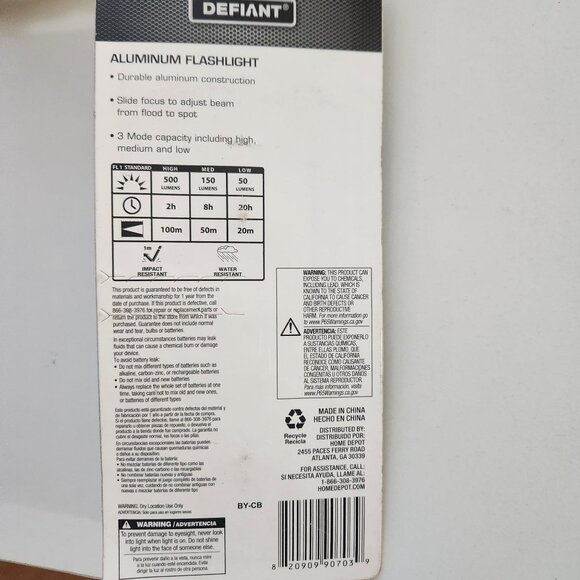 Defiant Aluminum Flashlight 500 Lumens 3 Modes Spot Flood Adjustable Beam Water - Picture 5 of 7